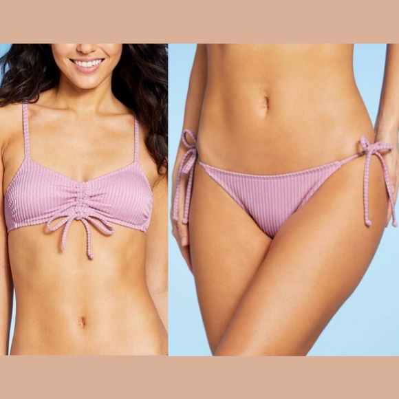 NWT $38 Xhilaration‎ Metallic Ribbed Cinched Bikini Top + Bottom [ XS ] - Picture 2 of 16